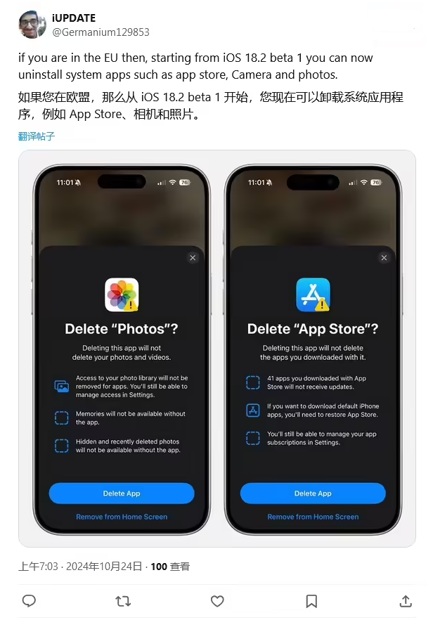 新龙苹果手机维修分享iOS 18.2 支持删除 App Store 应用商店 