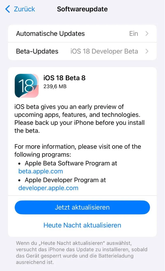 新龙苹果手机维修分享苹果 iOS / iPadOS 18 开发者预览版 Beta 8 发布 